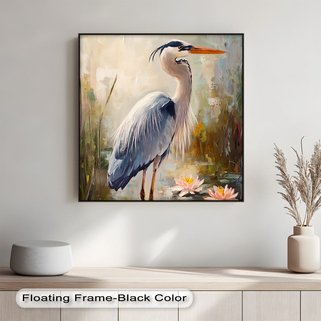 Graceful Heron Among Lilies – Serene Wildlife Canvas Print
