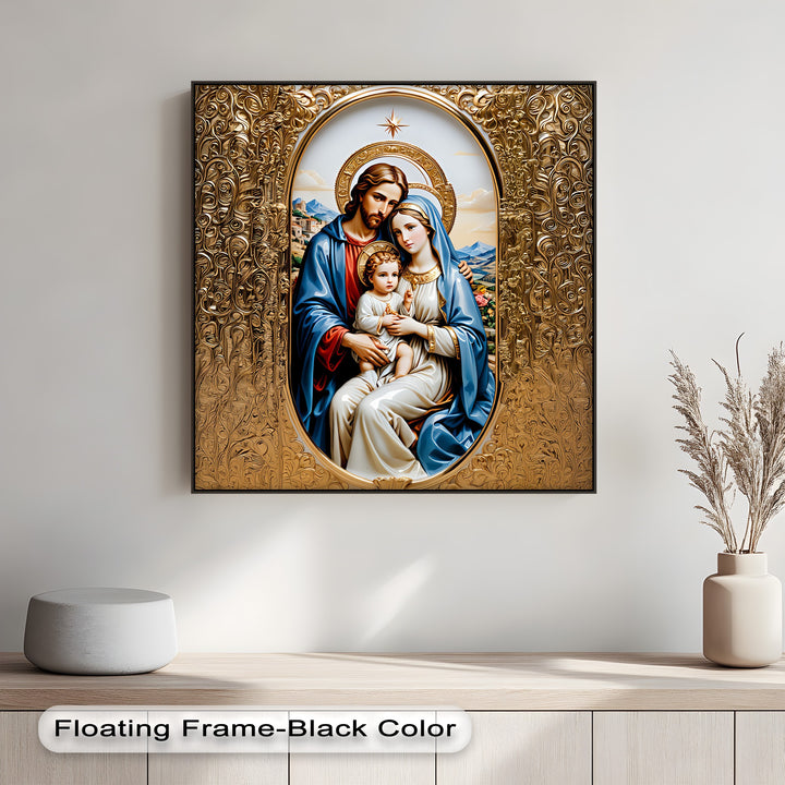 The minimalist background features a smooth, light grey wall, complementing the elegant Holy Family canvas wall decor with its Christian gold religious art.