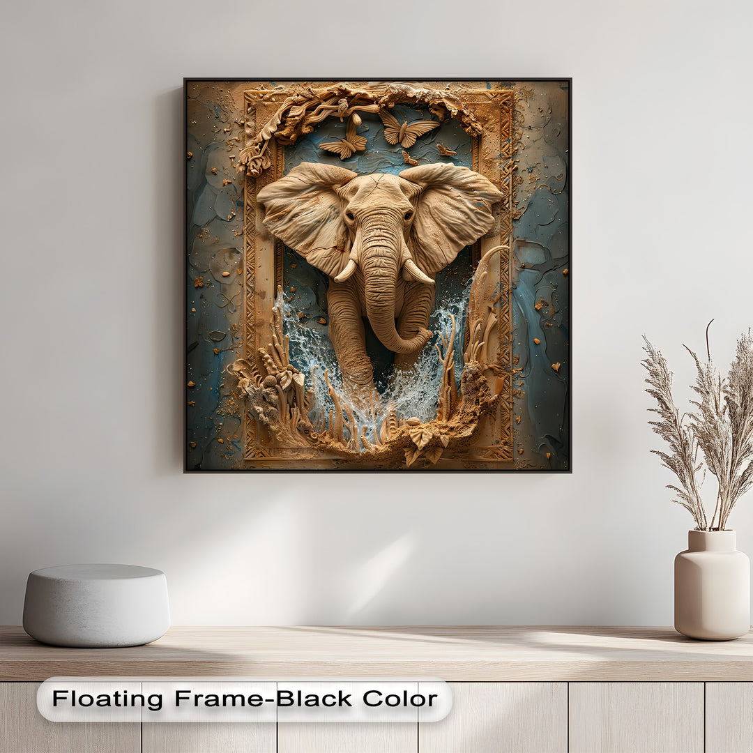 A light gray concrete stool and a beige ceramic vase with dried pampas grass rest on a light wood cabinet beneath the majestic elephant canvas painting.
