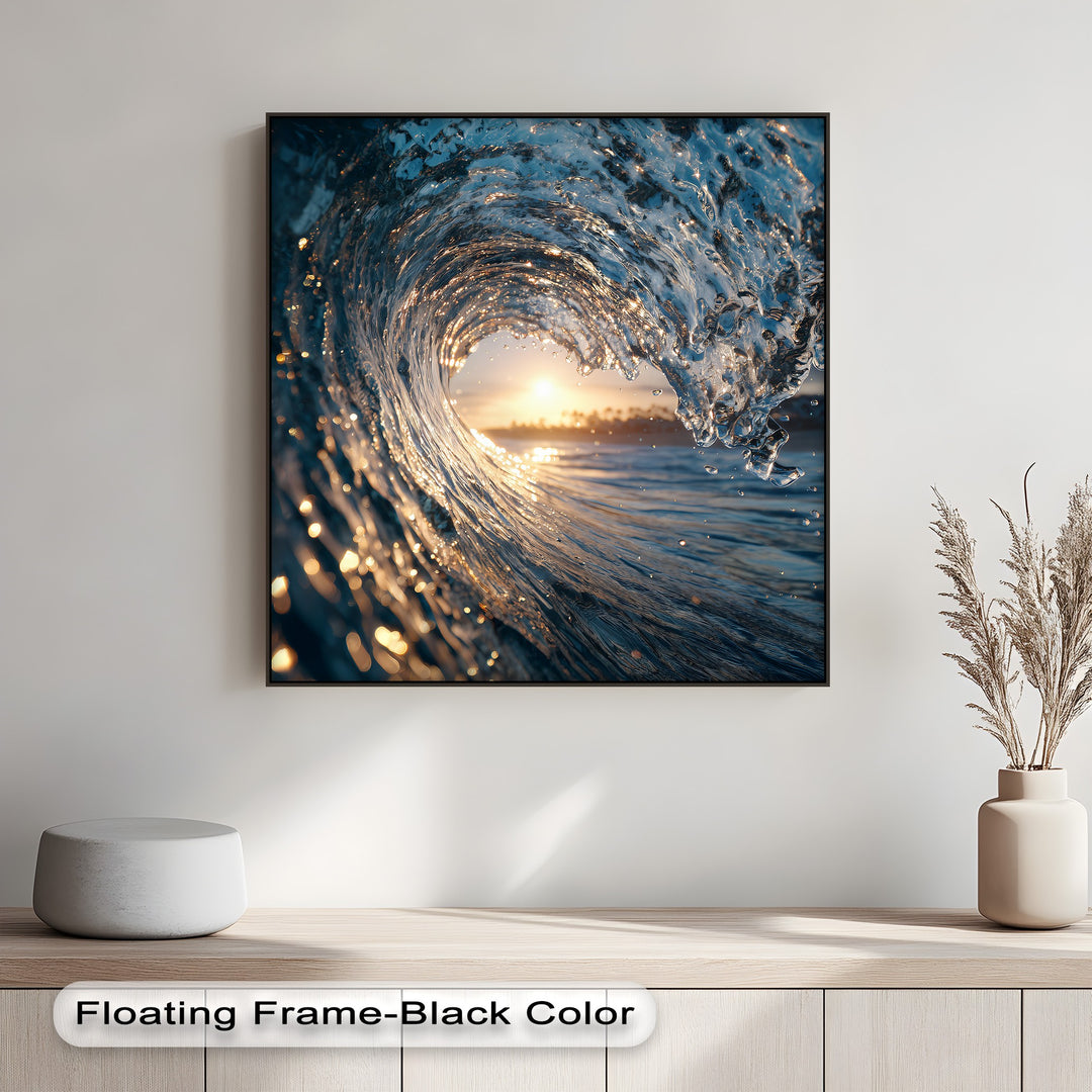 The distinct layering effect of the powerful curling ocean wave with sparkling water and a golden sunset offers a stunning best canvas print.