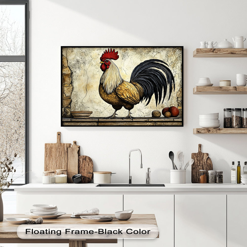 The softest elements, the proud rooster's fluffy golden feathers and lustrous black tail, are vividly captured in this rustic high quality canvas print.