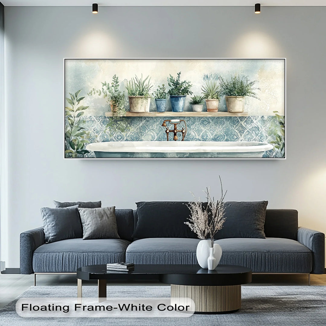 Refresh your space with soft tones and foliage in this botanical bathroom artwork.

