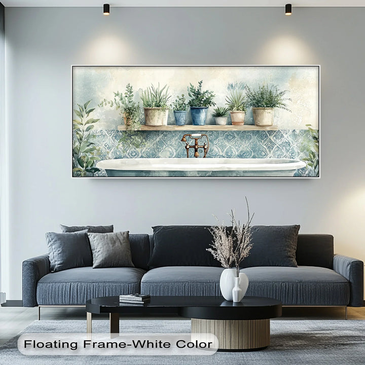 Refresh your space with soft tones and foliage in this botanical bathroom artwork.

