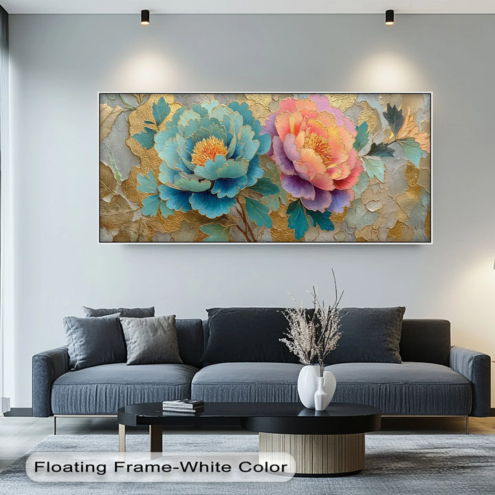 Artistic peony blossom canvas art with gold accents and vivid color composition









