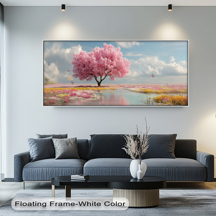 Cherry Blossom Meadow Landscape - Pink Canvas Print