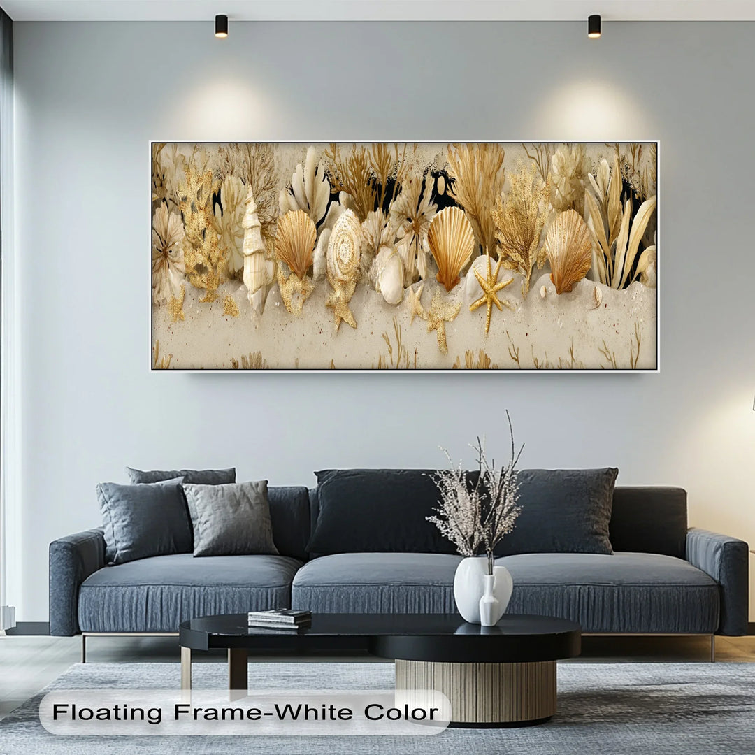 Golden Shoreline – Coastal Seashell and Coral Canvas Print - MyPhotoStation