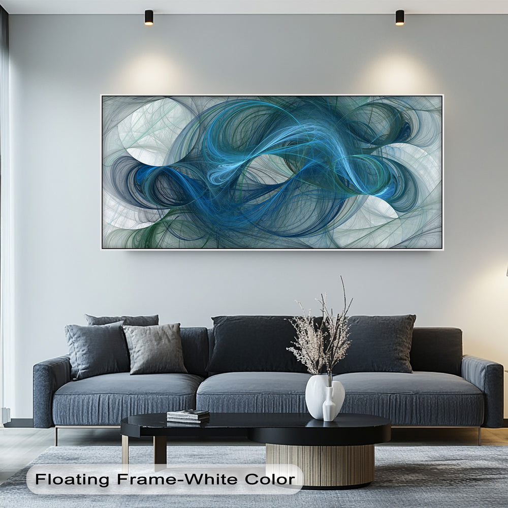 The brightest area of the large blue motion canvas painting features radiant white and light blue abstract swirls, enhancing the modern abstract flow wall art.
