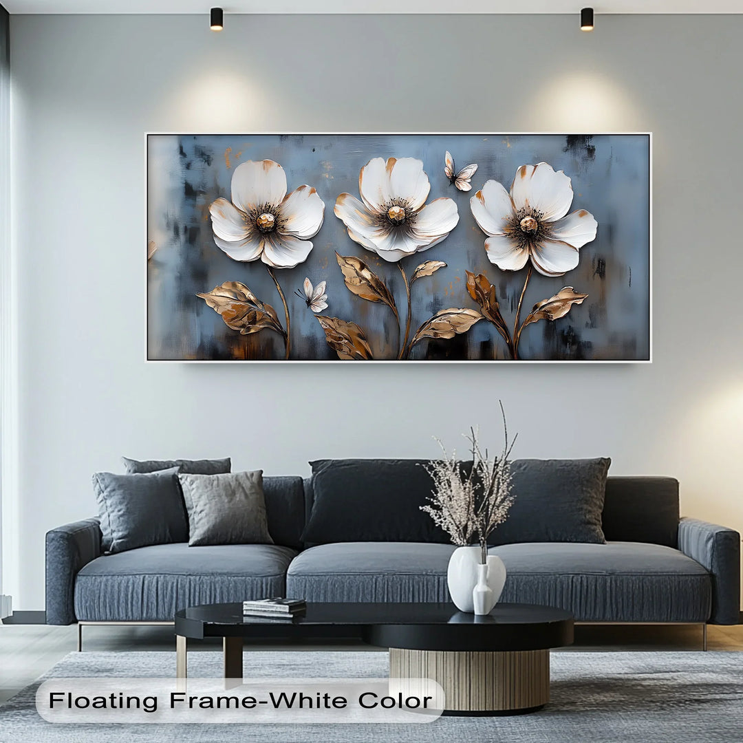 Golden Grace – White Floral Wall Art on Blue Canvas Print - MyPhotoStation