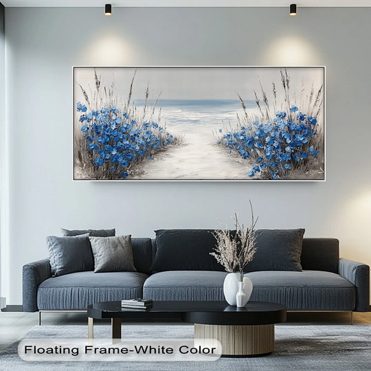 Organic forms of blue wildflowers line the path to the sea in this tranquil shoreline canvas painting.