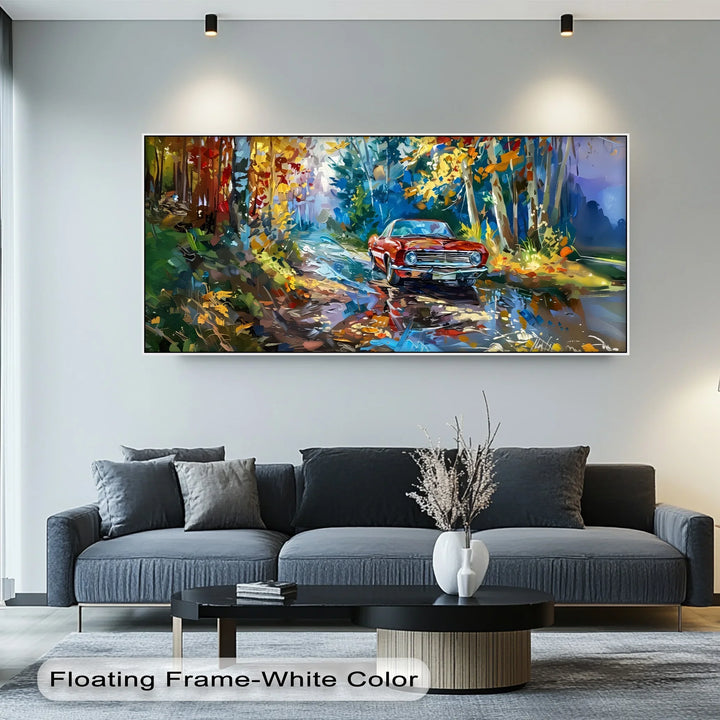 Autumn Drive Through the Forest – Red Muscle Car Canvas Print