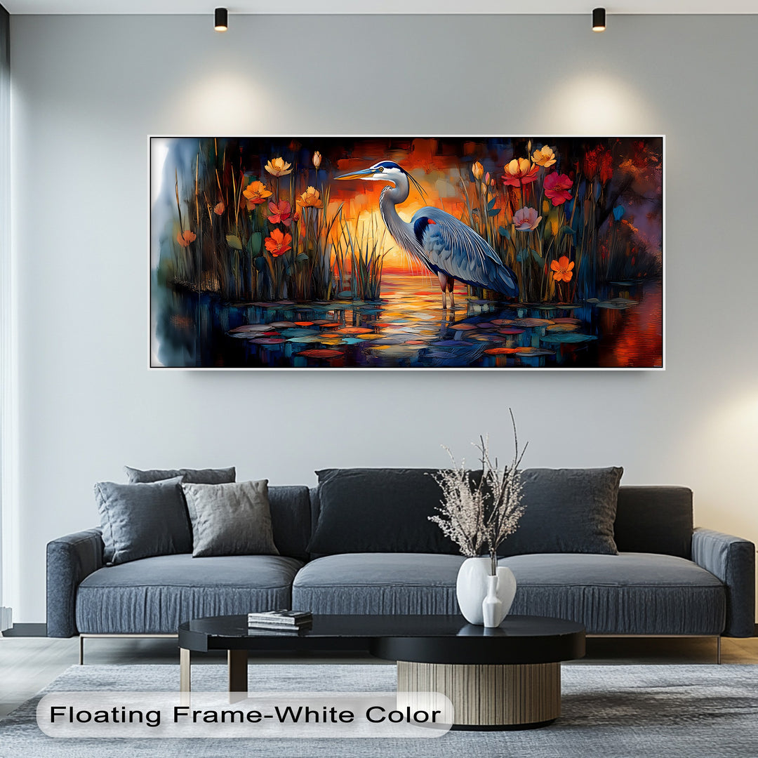 Twilight Heron Among Fire Blooms – Sunset Nature Scene Canvas Print