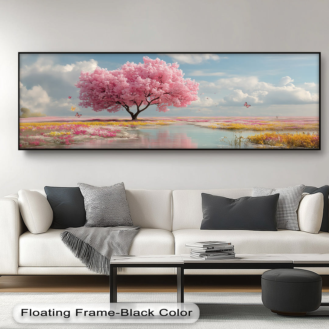 Cherry Blossom Meadow Landscape - Pink Canvas Print