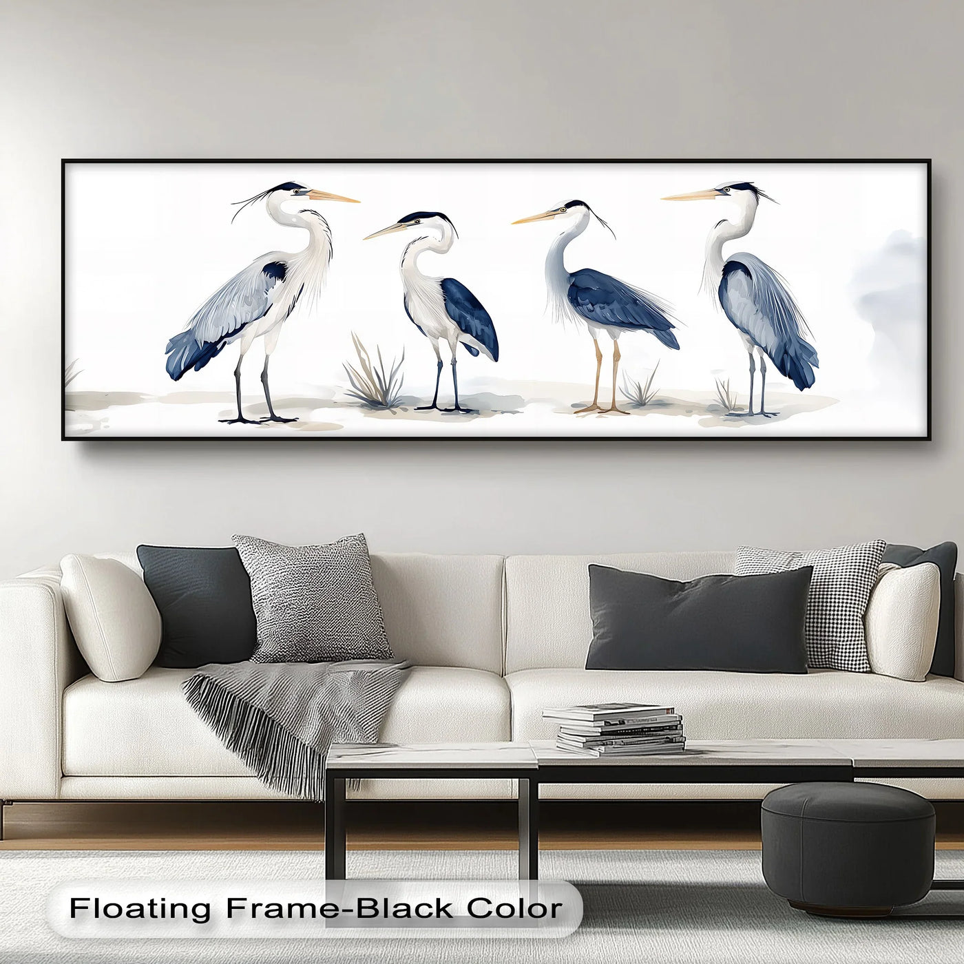 Featuring angular black frames that highlight the geometric shapes of four blue herons, this minimalist bird illustration canvas wall decor creates a striking composition.