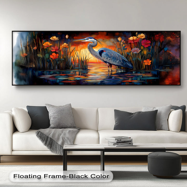 Twilight Heron Among Fire Blooms – Sunset Nature Scene Canvas Print