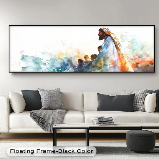 Canvas print showing Jesus with children and watercolor accents is Christian wall art and a spiritual artwork for homes