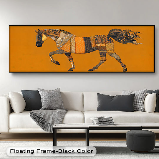 Canvas print golden tapestry horse is bohemian patchwork with warm colors and a bold statement for artistic interiors plus horse wall art