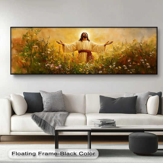 Defined by the darkest area, this canvas art print depicts Jesus in a vibrant field, a vision of hope and renewal.