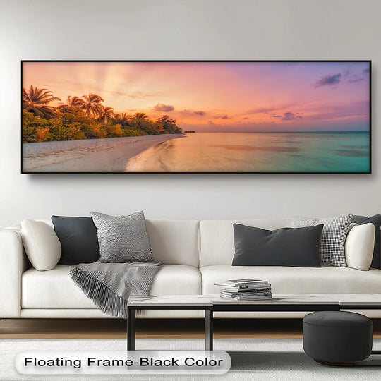 Dominating negative space surrounds the serene beach scene, enhancing the pink sky landscape canvas artwork depicting a tranquil shoreline with calming sunset hues.