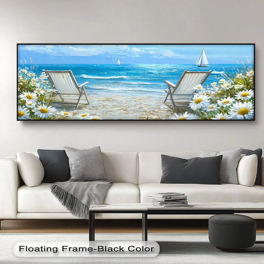 Subtle hues define the transition between the light blue sky and the deep turquoise sea in this beach chairs and daisies hanging canvas, capturing coastal serenity.