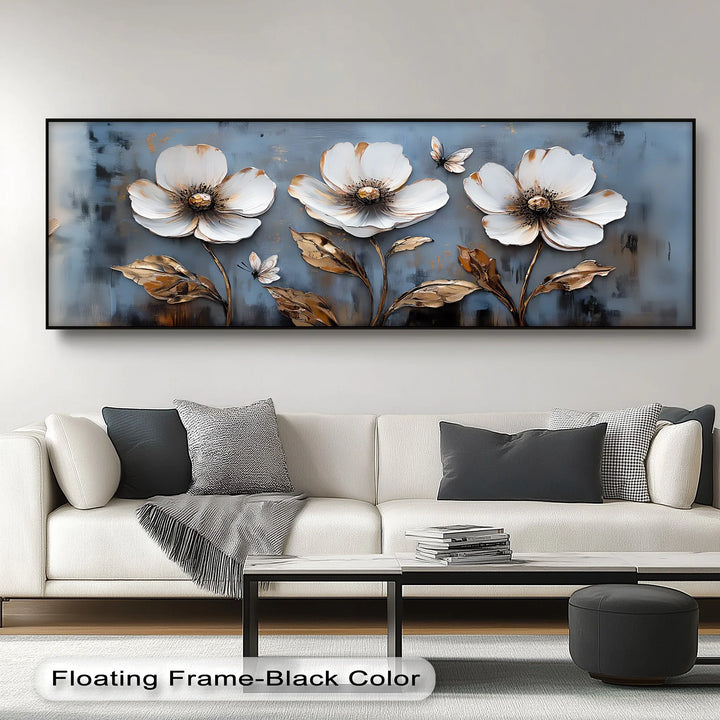 Golden Grace – White Floral Wall Art on Blue Canvas Print - MyPhotoStation
