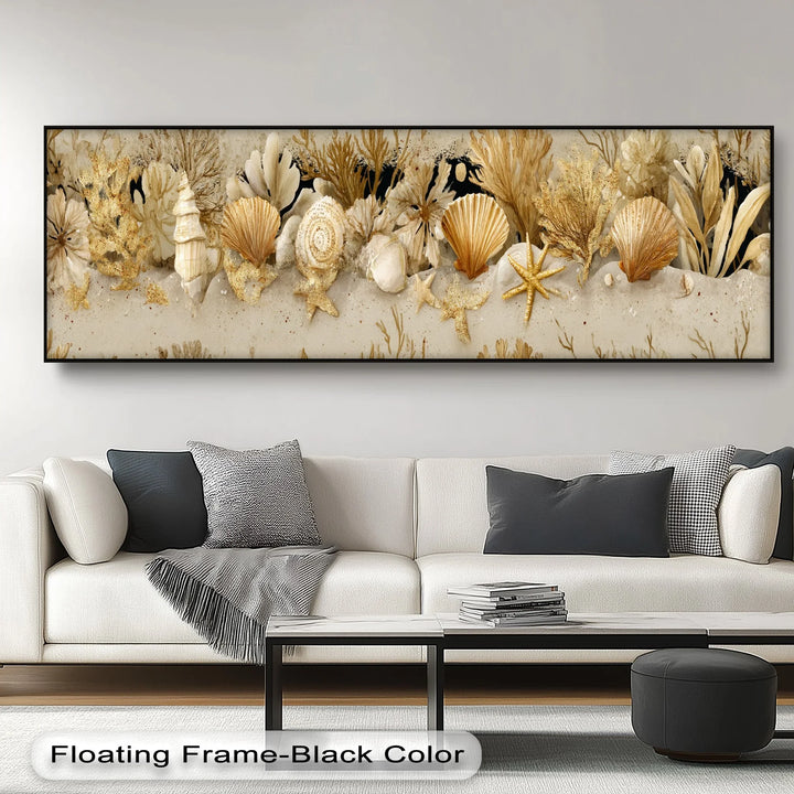 Golden Shoreline – Coastal Seashell and Coral Canvas Print - MyPhotoStation