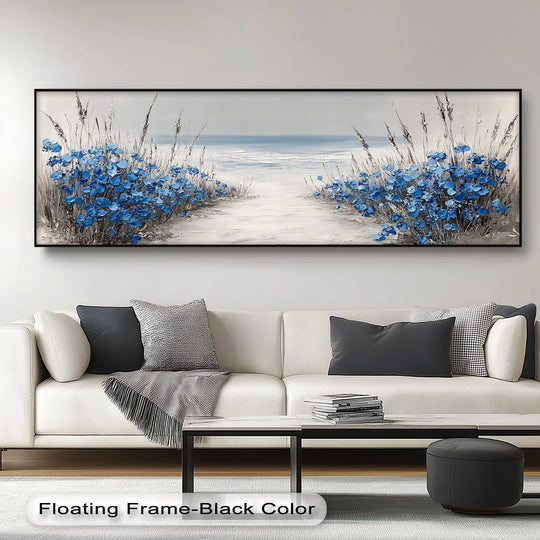 Cool color temperatures highlight the serene blue wildflowers and seaside tones in this tranquil shoreline path unique canvas print.