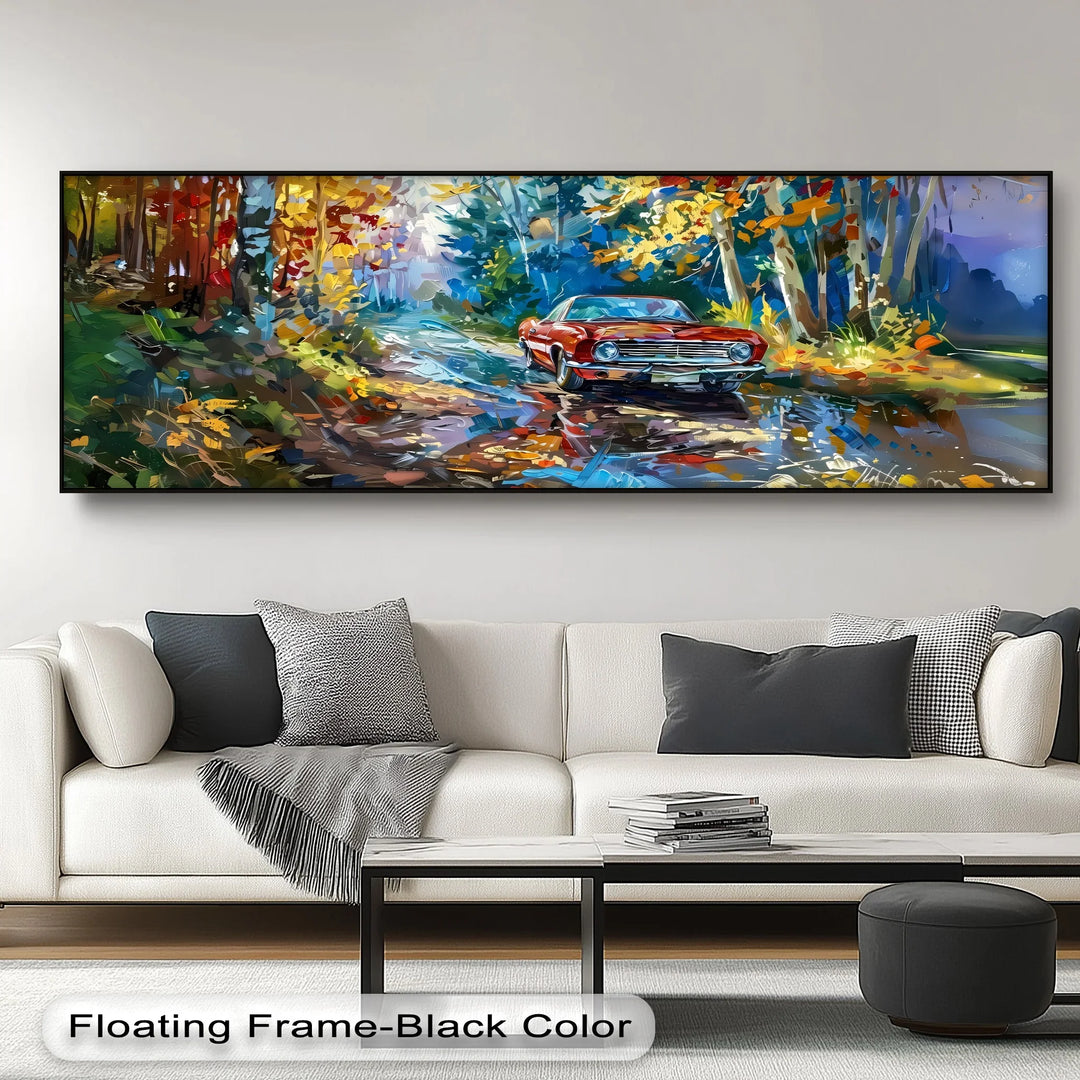 Autumn Drive Through the Forest – Red Muscle Car Canvas Print