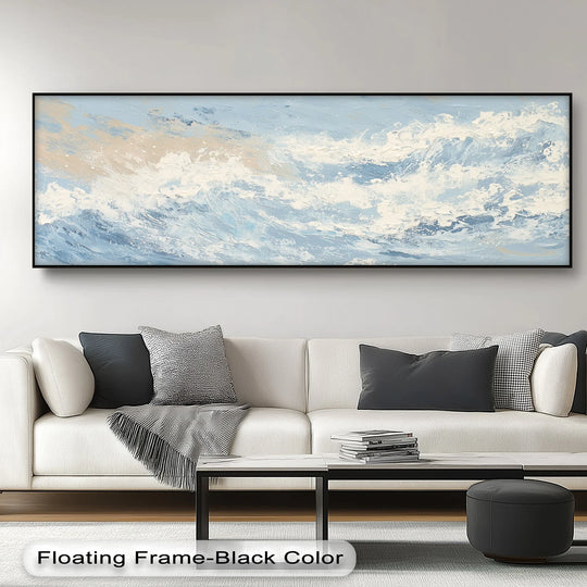 Calming mood radiates from the Coastal Drift cream and blue abstract ocean canvas pictures, evoking the tranquility of a serene seascape.