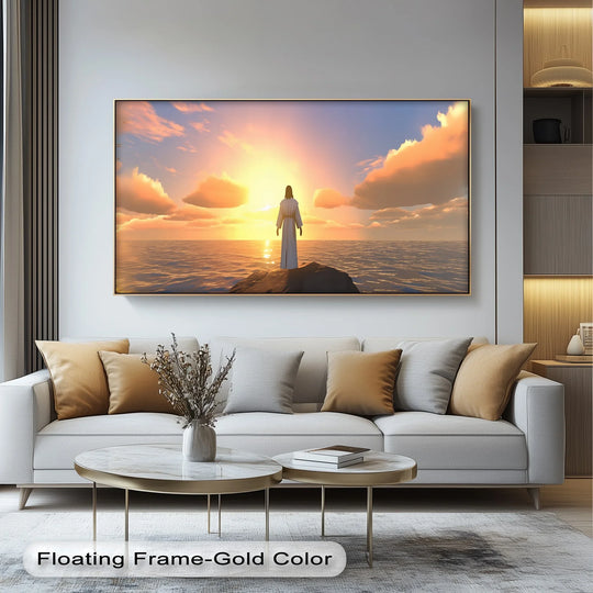 Layers of light define the depth in this premium canvas decor portraying Jesus at sunset over the sea.