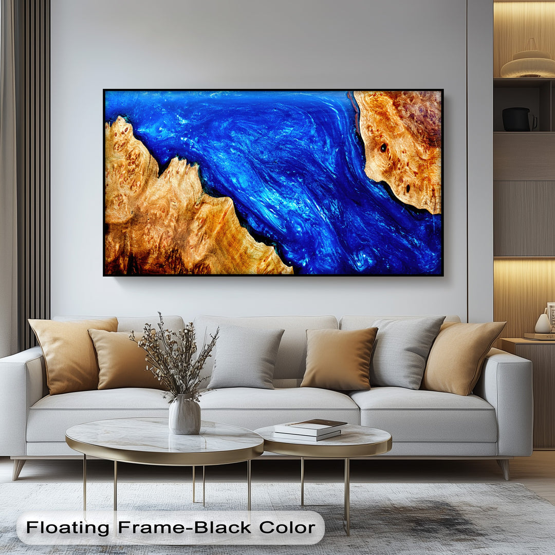 Blue Resin Wood Canvas Print – Modern Abstract Ocean Wall Art