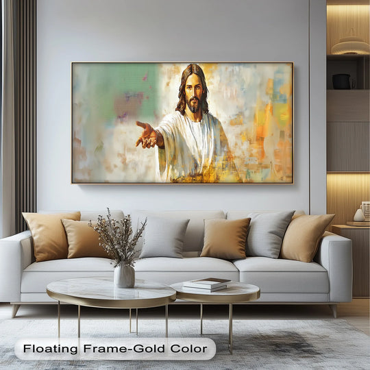 Floating frame and gallery-style hanging canvas finish showcase the 'Divine Invitation – Jesus Reaching Out Canvas Print' with warmth and reverence.