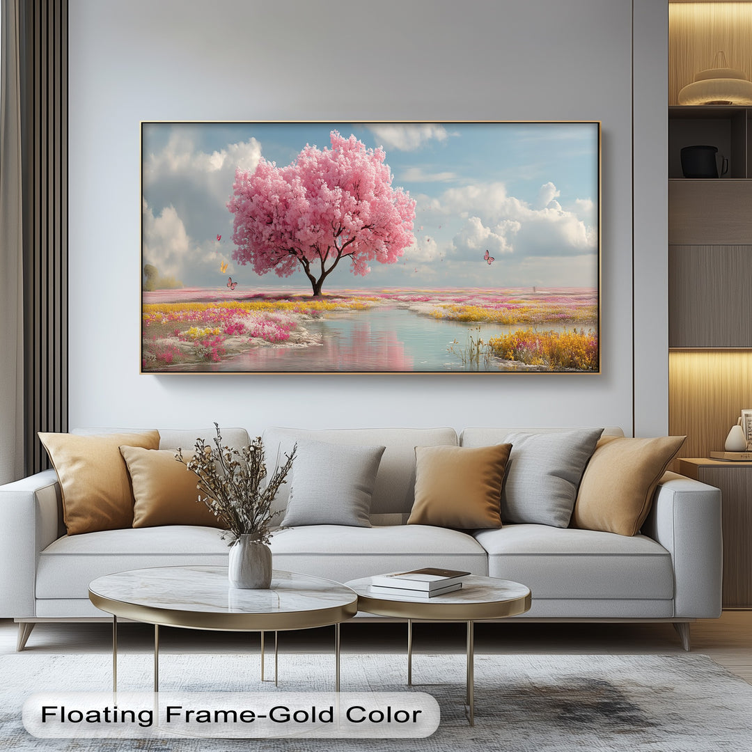 Cherry Blossom Meadow Landscape - Pink Canvas Print