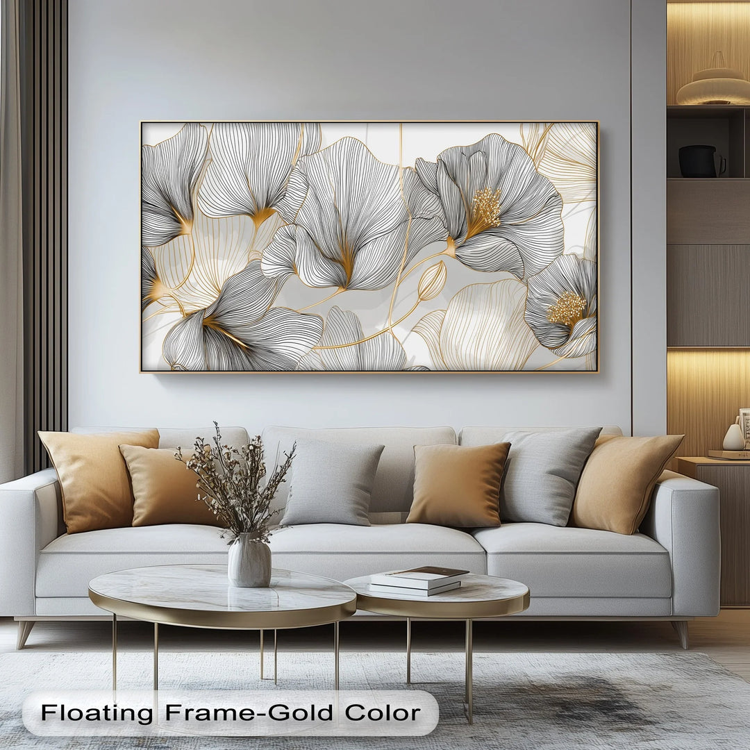 Golden Contour Bloom – Modern Line Art Floral Canvas Print - MyPhotoStation