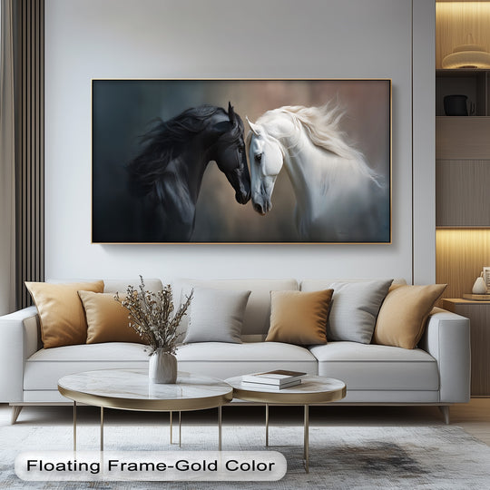 Canvas print featuring black and white horses touching heads and horse wall art ideal for a modern interior