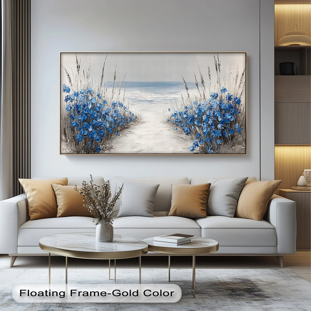 Tranquil Shoreline Path – Blue Wildflowers by the Sea Canvas Print - MyPhotoStation