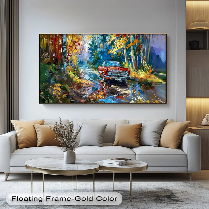 Autumn Drive Through the Forest – Red Muscle Car Canvas Print