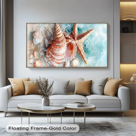 Horizontal rectangular hanging canvas presents a coastal canvas print with seashells, starfish, and ocean accents for beautiful wall art.