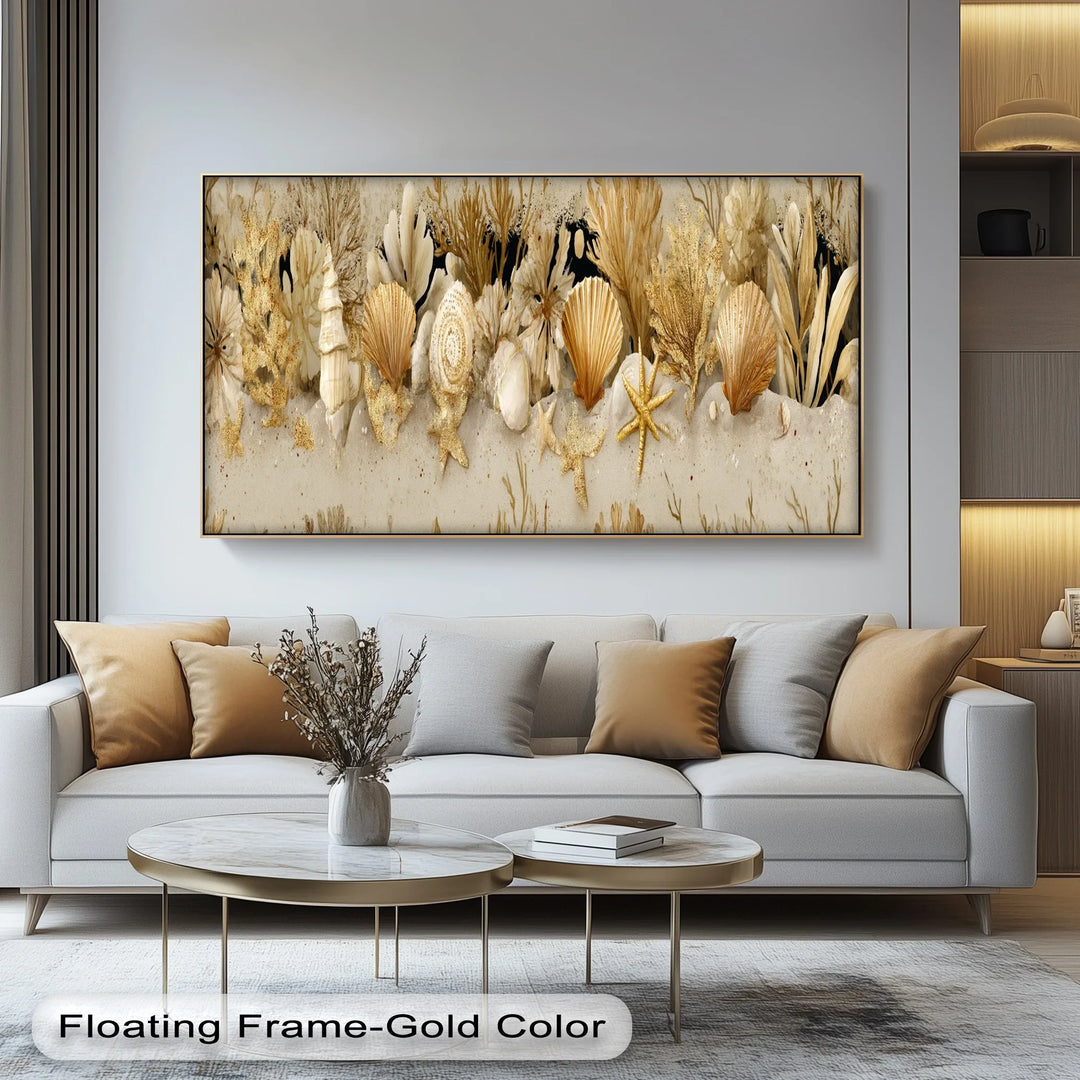 Golden Shoreline – Coastal Seashell and Coral Canvas Print - MyPhotoStation