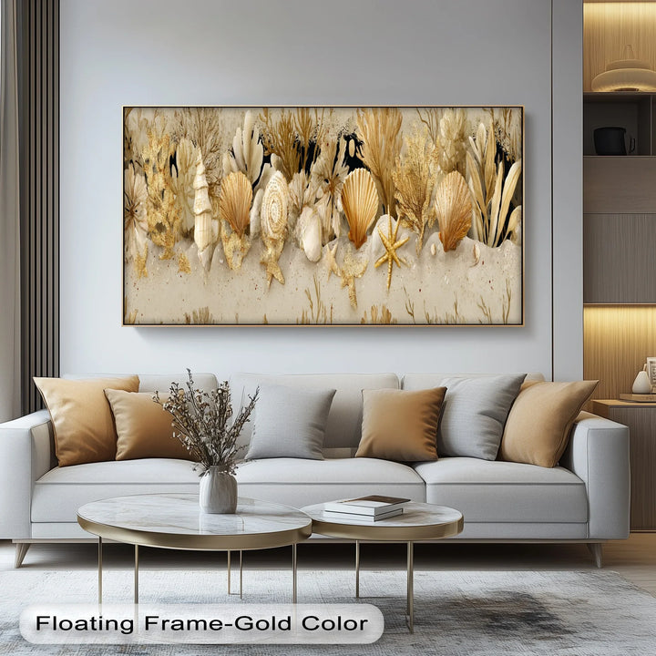 Golden Shoreline – Coastal Seashell and Coral Canvas Print - MyPhotoStation