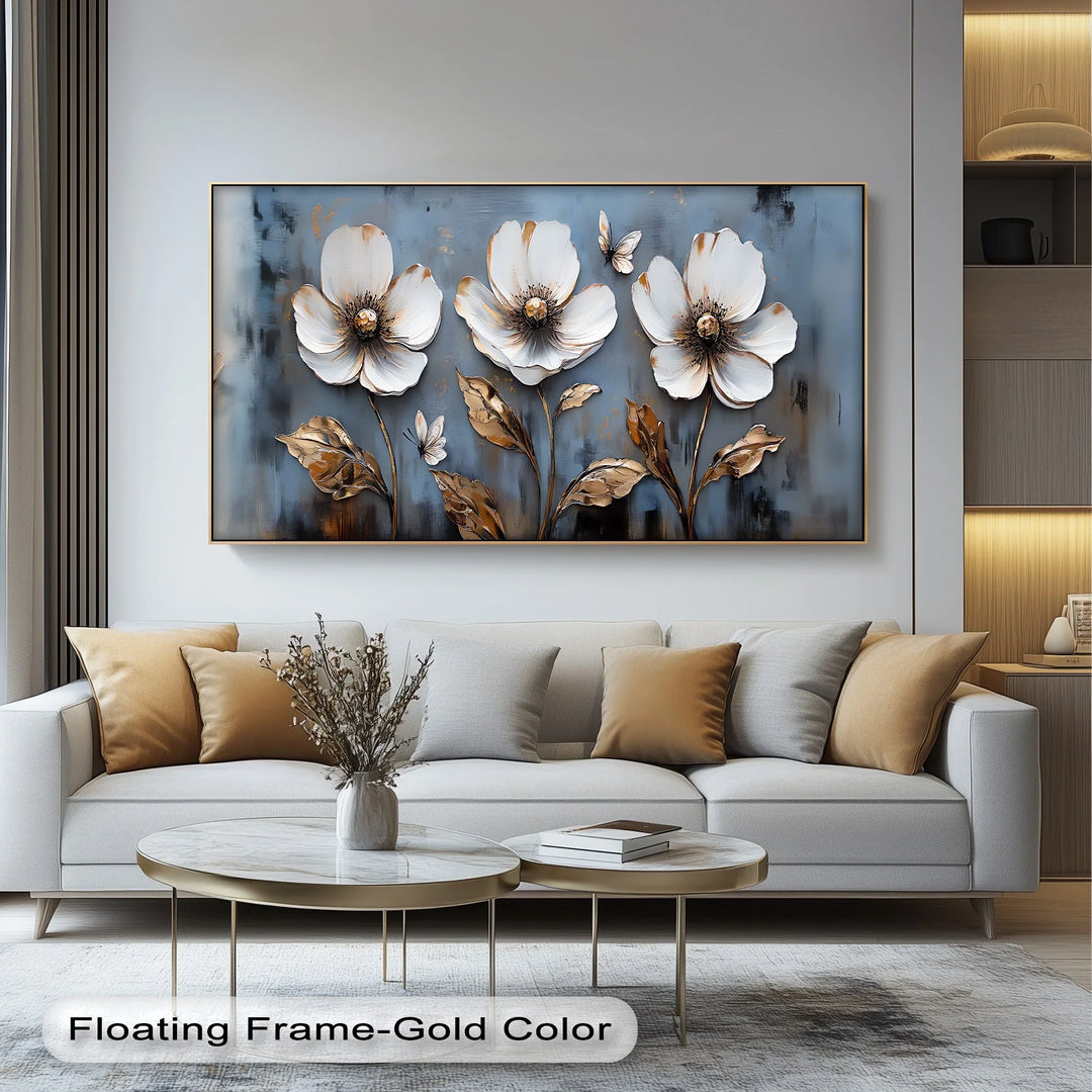 Golden Grace – White Floral Wall Art on Blue Canvas Print - MyPhotoStation