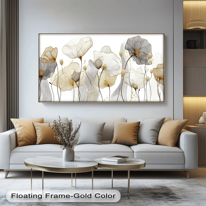 Abstract floral wall art with fine line texture and delicate flower shapes


