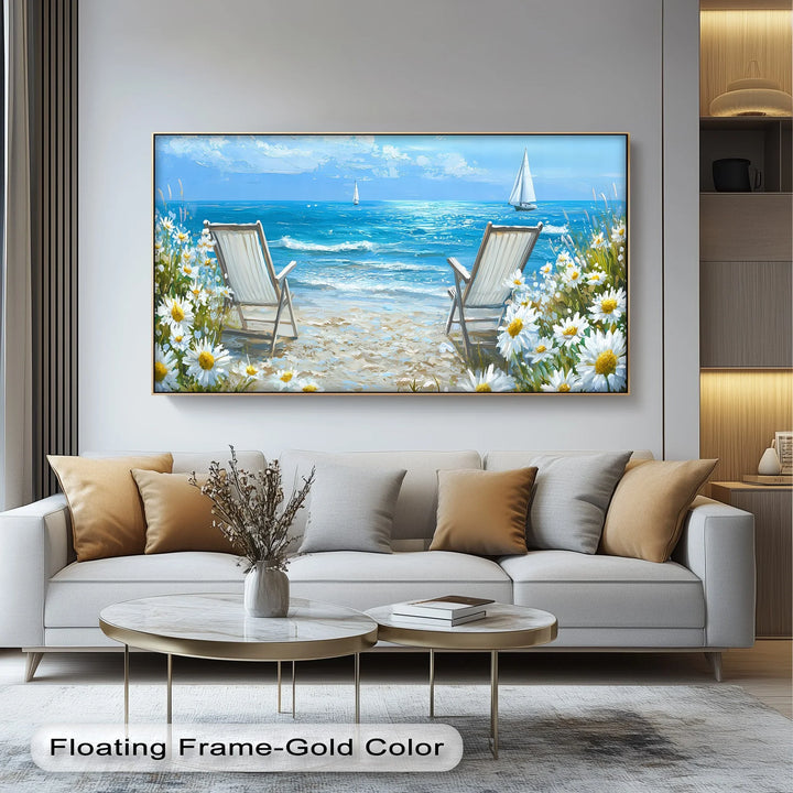 Seaside Serenity – Beach Chairs and Daisies Canvas Print - MyPhotoStation