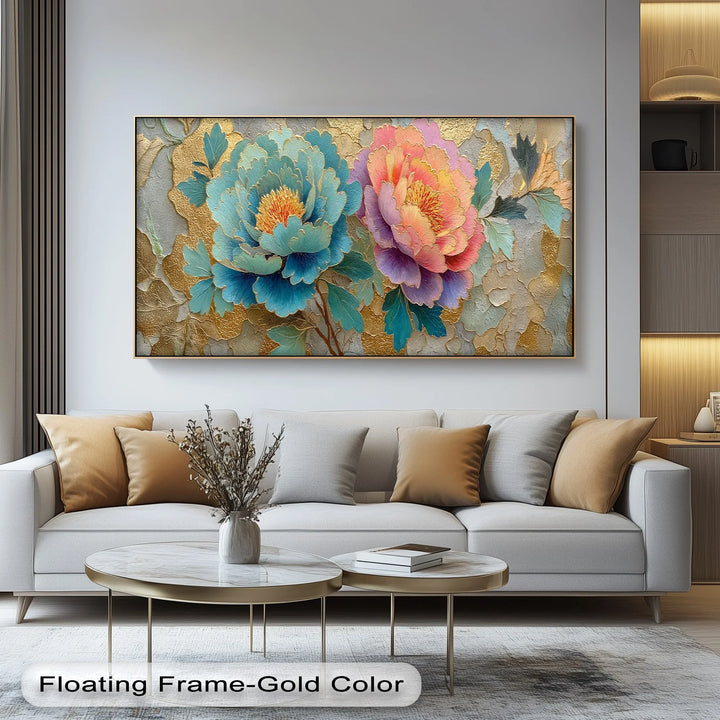 Modern botanical canvas print with layered flower design in bold pastel tones

