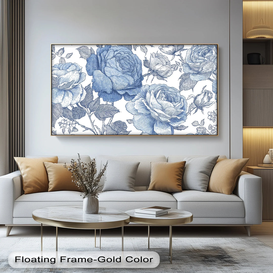 Vintage Indigo Garden – Blue Botanical Rose Canvas Print - MyPhotoStation