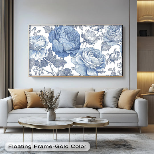 Color transitions highlight the depth and texture in this big canvas prints piece, a vintage indigo garden showcasing beautiful blue botanical roses.