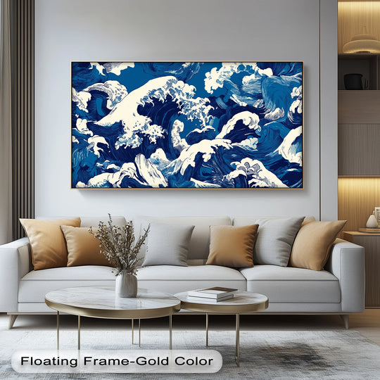 The focal point highlights the dynamic energy in this turbulent indigo waves canvas painting, showcasing a Japanese-inspired ocean scene perfect for modern canvas painting.