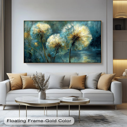 Featuring a floating frame-gold color finish, the dandelion glow canvas wall art exudes a gallery-worthy aesthetic with its soft teal tones.