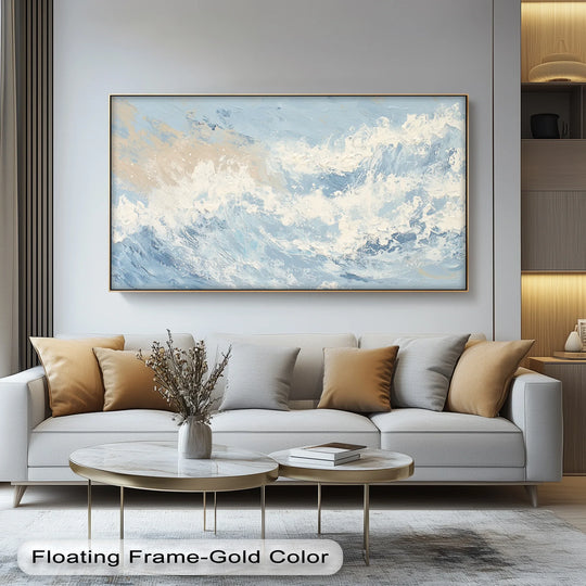 Rectangular cream and blue abstract ocean canvas print showcases dynamic, geometric patterns accented by a gold floating frame, enriching its canvas pictures appeal.
