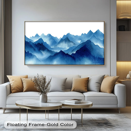 Light blue mountain mist imparts a soft ambiance to this tranquil horizon landscape, showcased as high quality canvas prints ideal for modern decor.