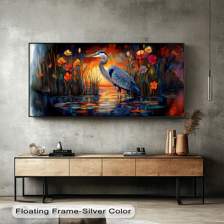 Twilight Heron Among Fire Blooms – Sunset Nature Scene Canvas Print